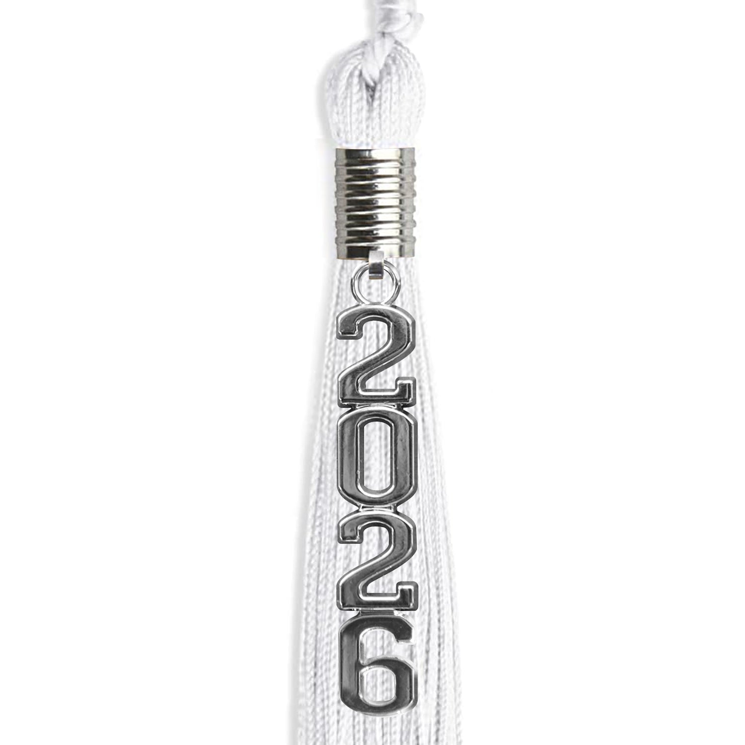 White Graduation Tassel with Silver Stacked Date Drop by Wholesale Grad Supply