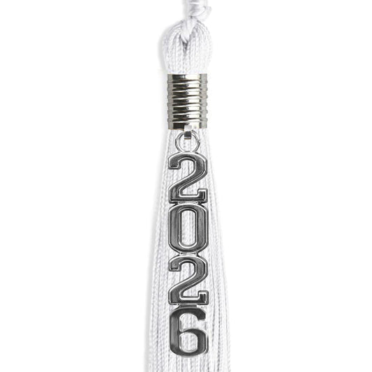White Graduation Tassel with Silver Stacked Date Drop by Wholesale Grad Supply