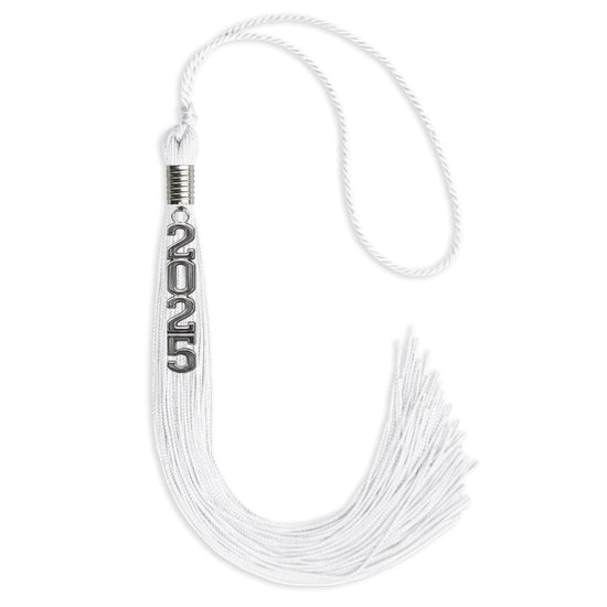 White Graduation Tassel with Silver Stacked Date Drop by Wholesale Grad Supply