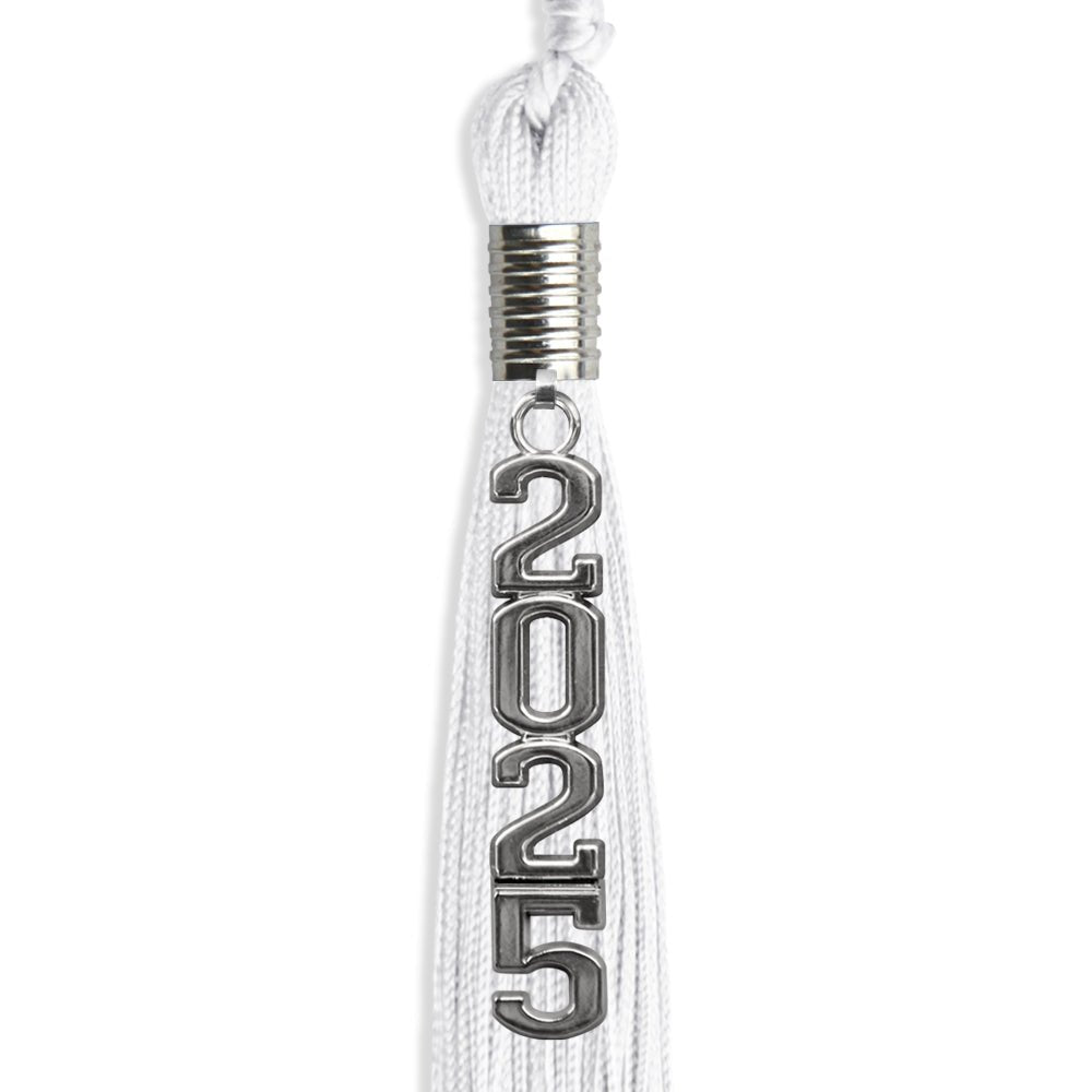 White Graduation Tassel with Silver Stacked Date Drop by Wholesale Grad Supply