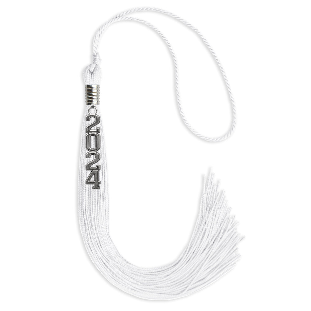 White Graduation Tassel with Silver Stacked Date Drop by Wholesale Grad Supply