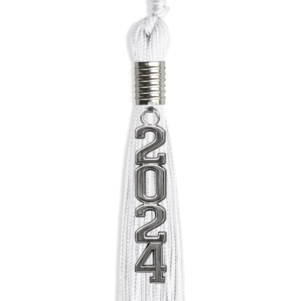 White Graduation Tassel with Silver Stacked Date Drop by Wholesale Grad Supply