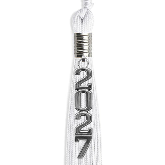 White Graduation Tassel with Silver Stacked Date Drop by Wholesale Grad Supply