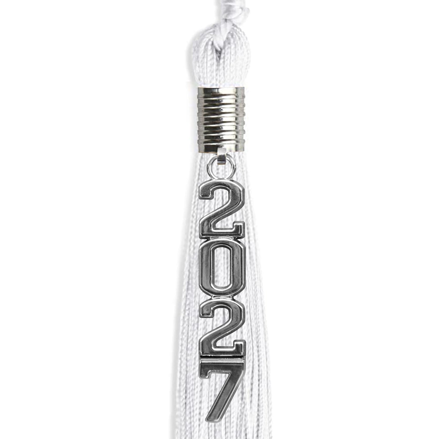 White Graduation Tassel with Silver Stacked Date Drop by Wholesale Grad Supply