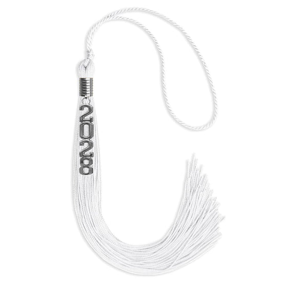 White Graduation Tassel with Silver Stacked Date Drop by Wholesale Grad Supply