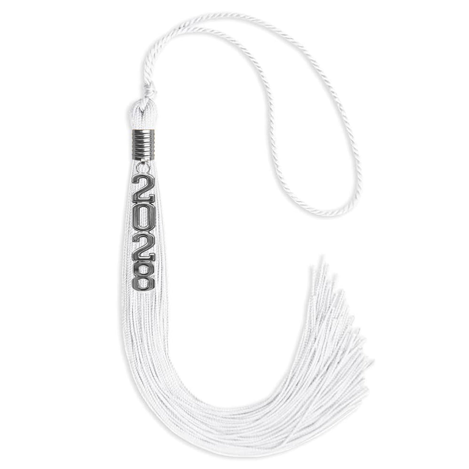 White Graduation Tassel with Silver Stacked Date Drop by Wholesale Grad Supply