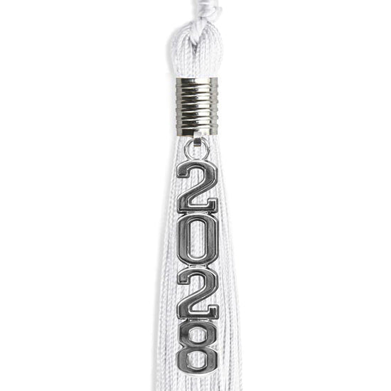 White Graduation Tassel with Silver Stacked Date Drop by Wholesale Grad Supply