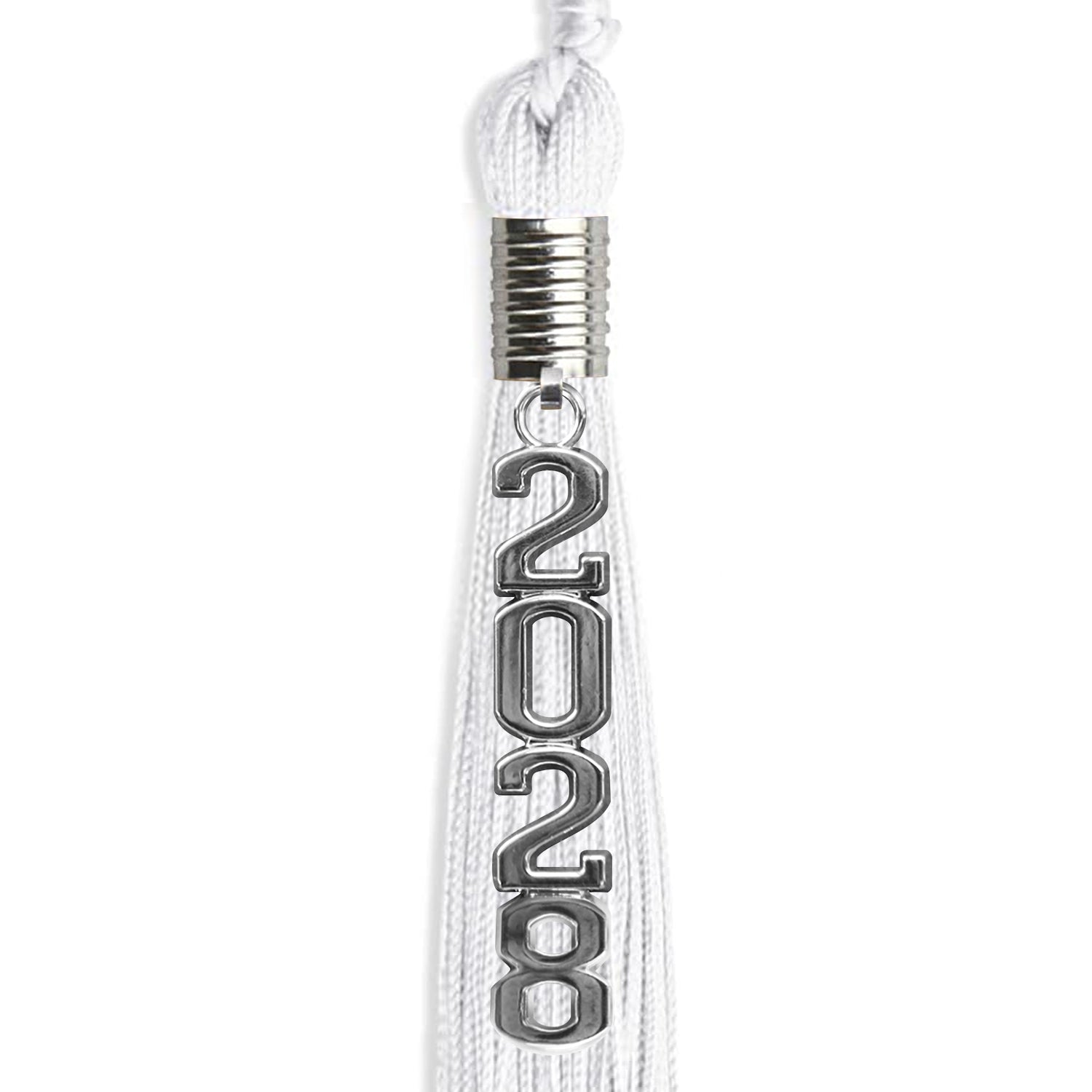 White Graduation Tassel with Silver Stacked Date Drop by Wholesale Grad Supply