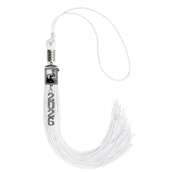 White Tassel with Photo Frame Charm and Stacked Date Drop by Wholesale Grad Supply