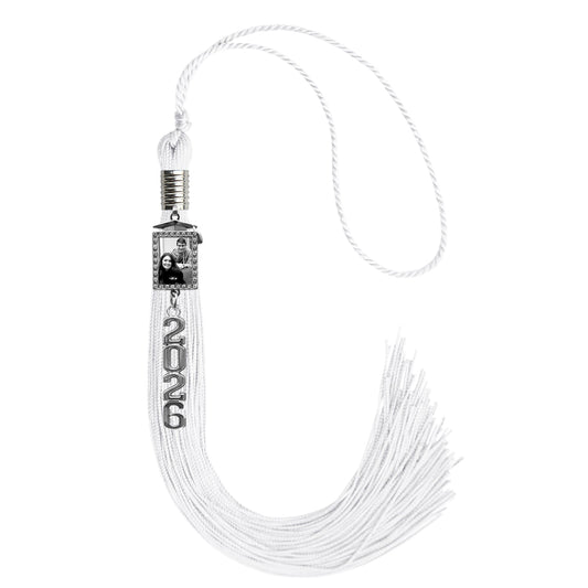 White Tassel with Photo Frame Charm and Stacked Date Drop by Wholesale Grad Supply