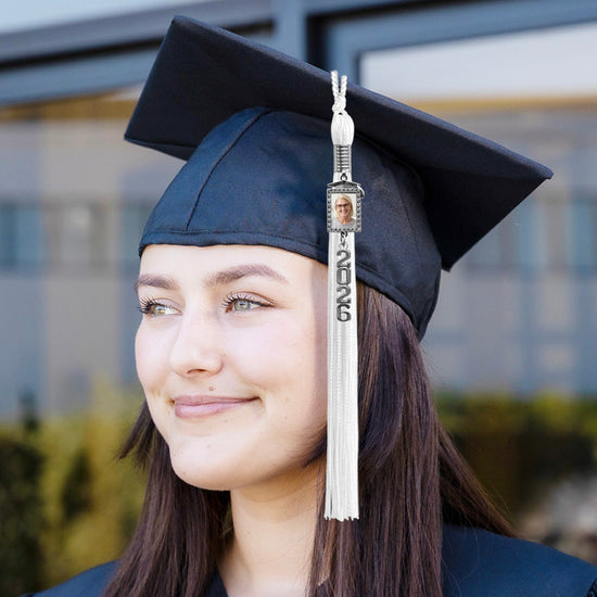 White Tassel with Photo Frame Charm and Stacked Date Drop by Wholesale Grad Supply