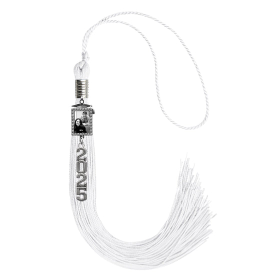 White Tassel with Photo Frame Charm and Stacked Date Drop by Wholesale Grad Supply