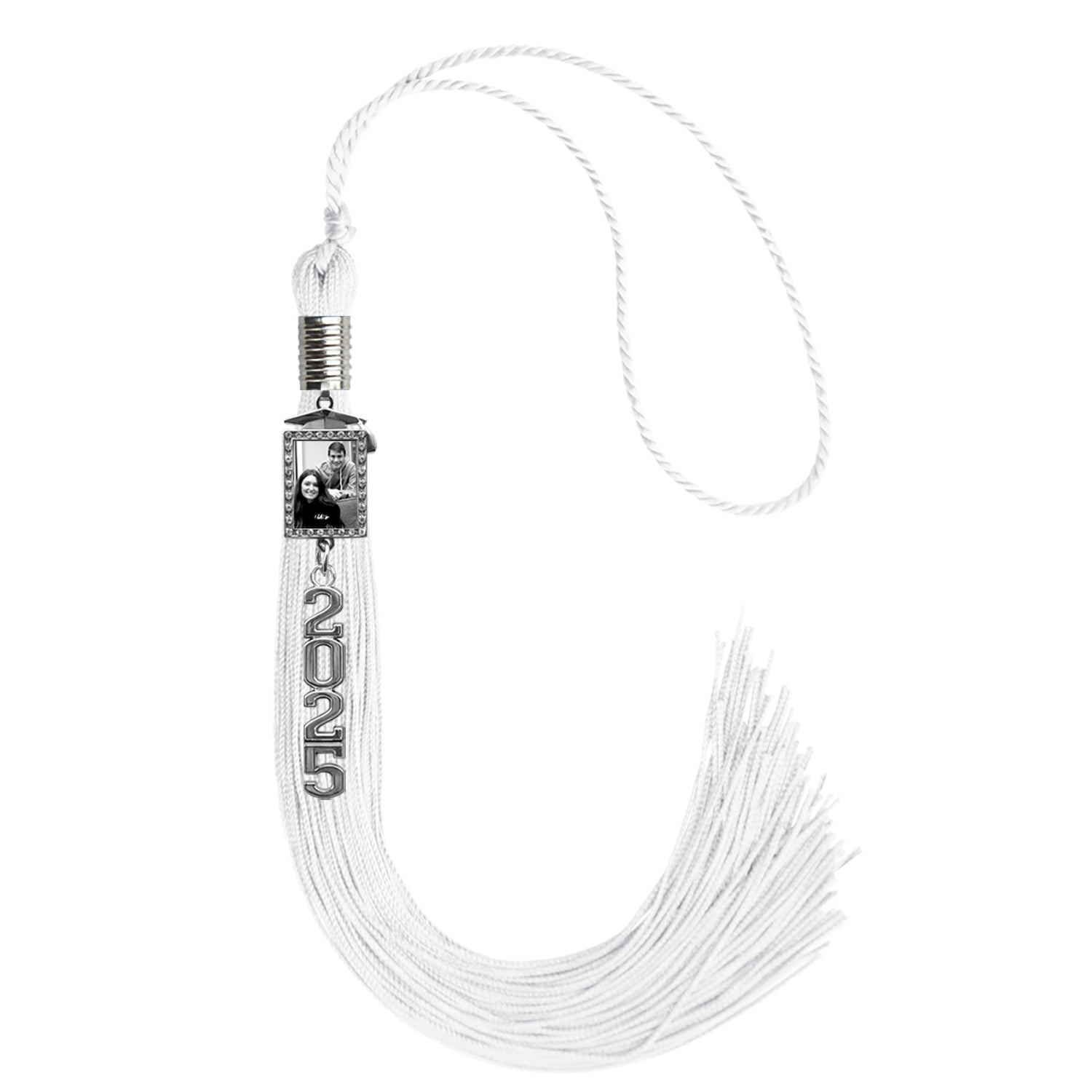 White Tassel with Photo Frame Charm and Stacked Date Drop by Wholesale Grad Supply