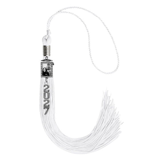 White Tassel with Photo Frame Charm and Stacked Date Drop by Wholesale Grad Supply