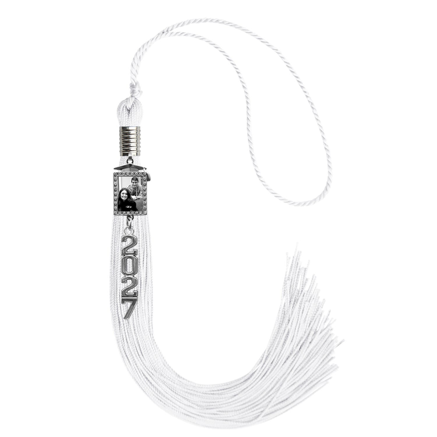 White Tassel with Photo Frame Charm and Stacked Date Drop by Wholesale Grad Supply