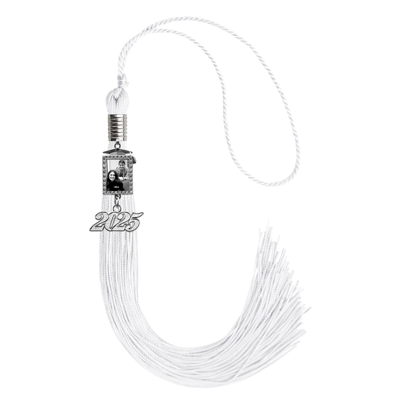 White Tassel with Photo Frame Charm and Year Date Drop by Wholesale Grad Supply