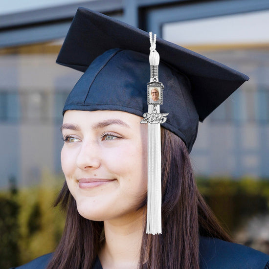 White Tassel with Photo Frame Charm and Year Date Drop by Wholesale Grad Supply