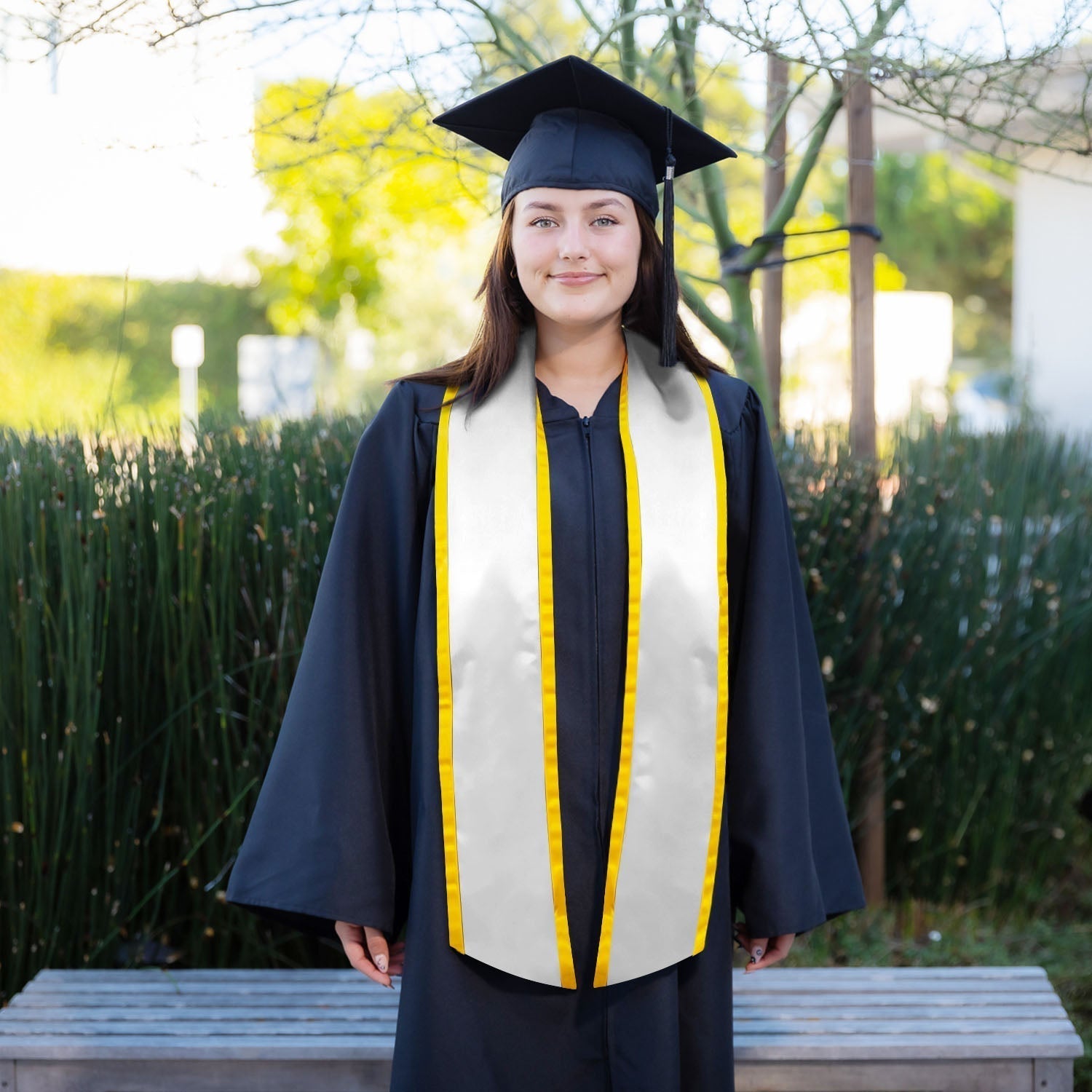 White/Gold Plain Graduation Stole with Trim Color & Angled End by Wholesale Grad Supply