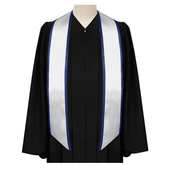 White/Navy Blue Plain Graduation Stole with Trim Color & Angled End by Wholesale Grad Supply