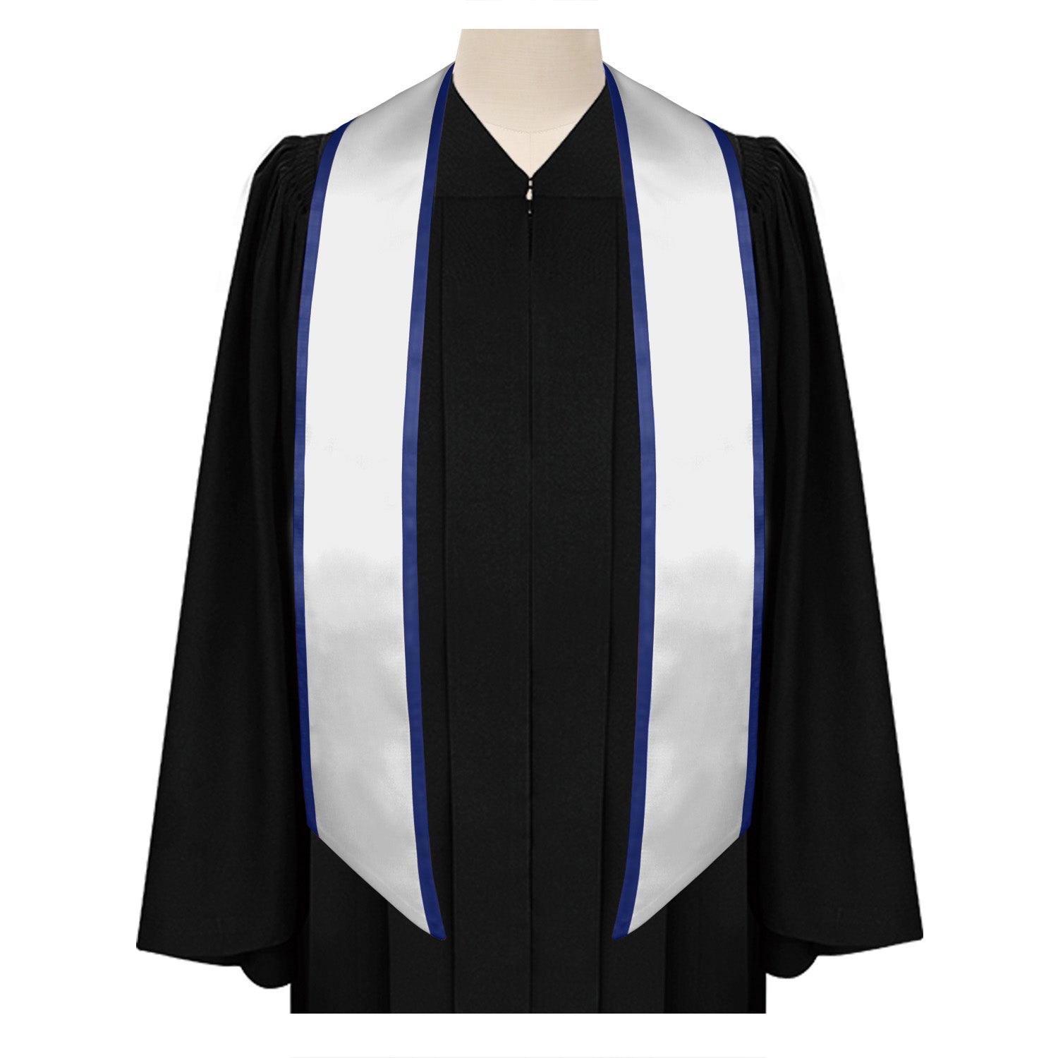 White/Navy Blue Plain Graduation Stole with Trim Color & Angled End by Wholesale Grad Supply
