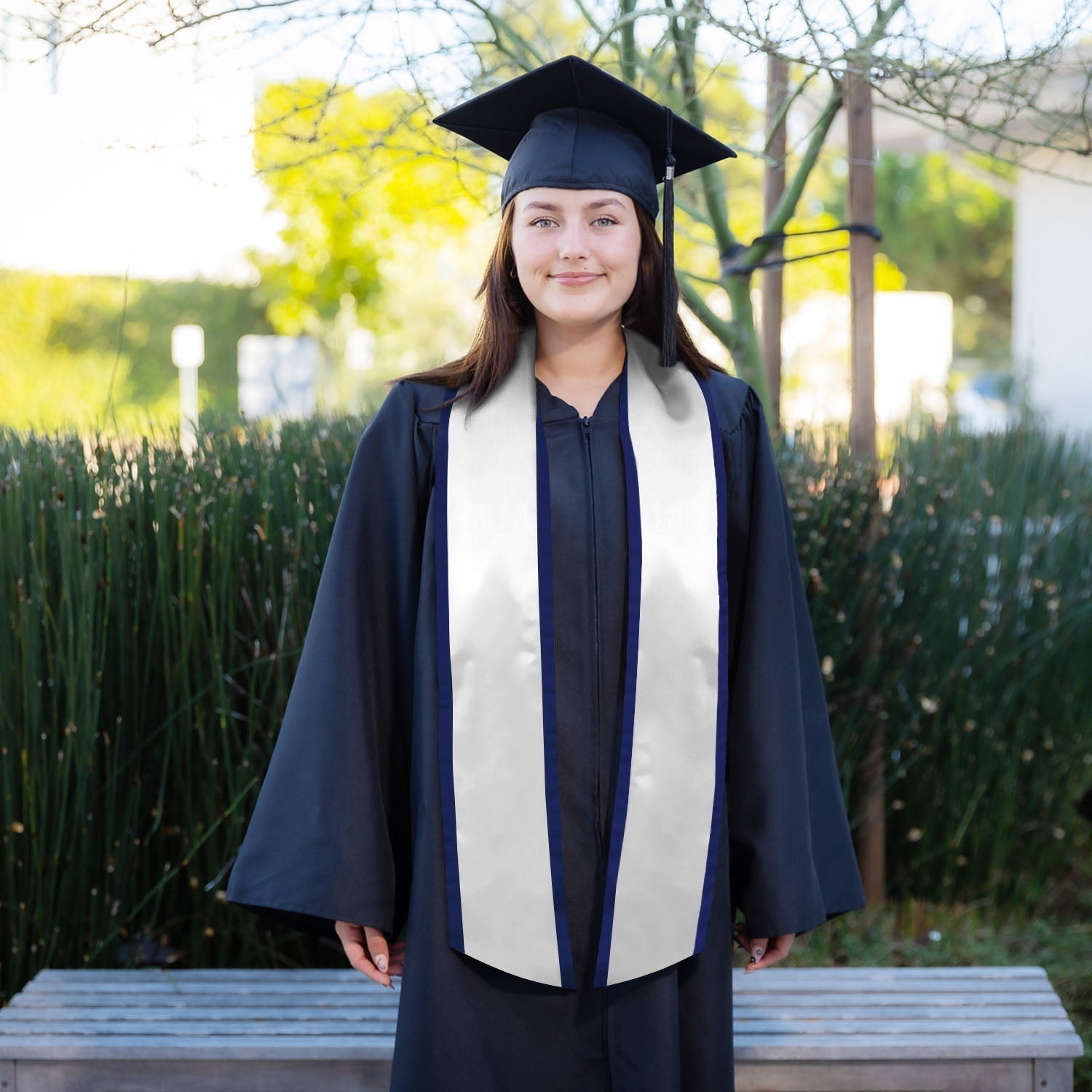 White/Navy Blue Plain Graduation Stole with Trim Color & Angled End by Wholesale Grad Supply