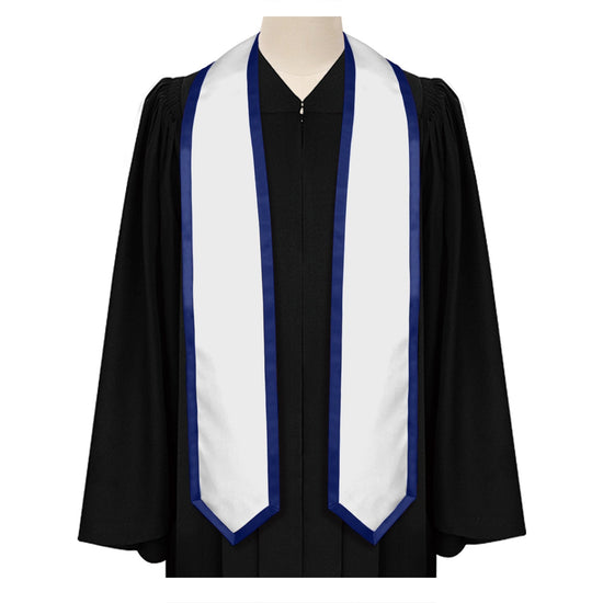 White/Navy Blue Plain Graduation Stole with Trim Color & Classic End by Wholesale Grad Supply