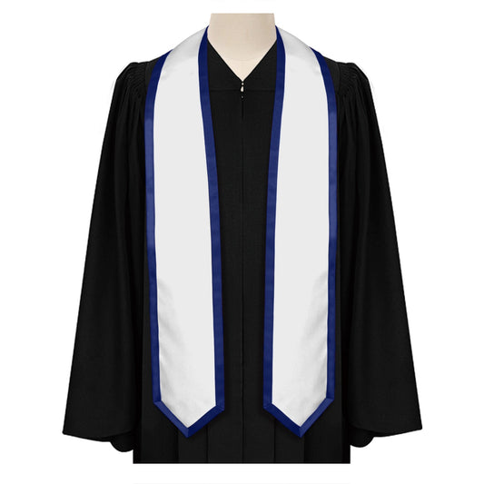 White/Navy Blue Plain Graduation Stole with Trim Color & Classic End by Wholesale Grad Supply