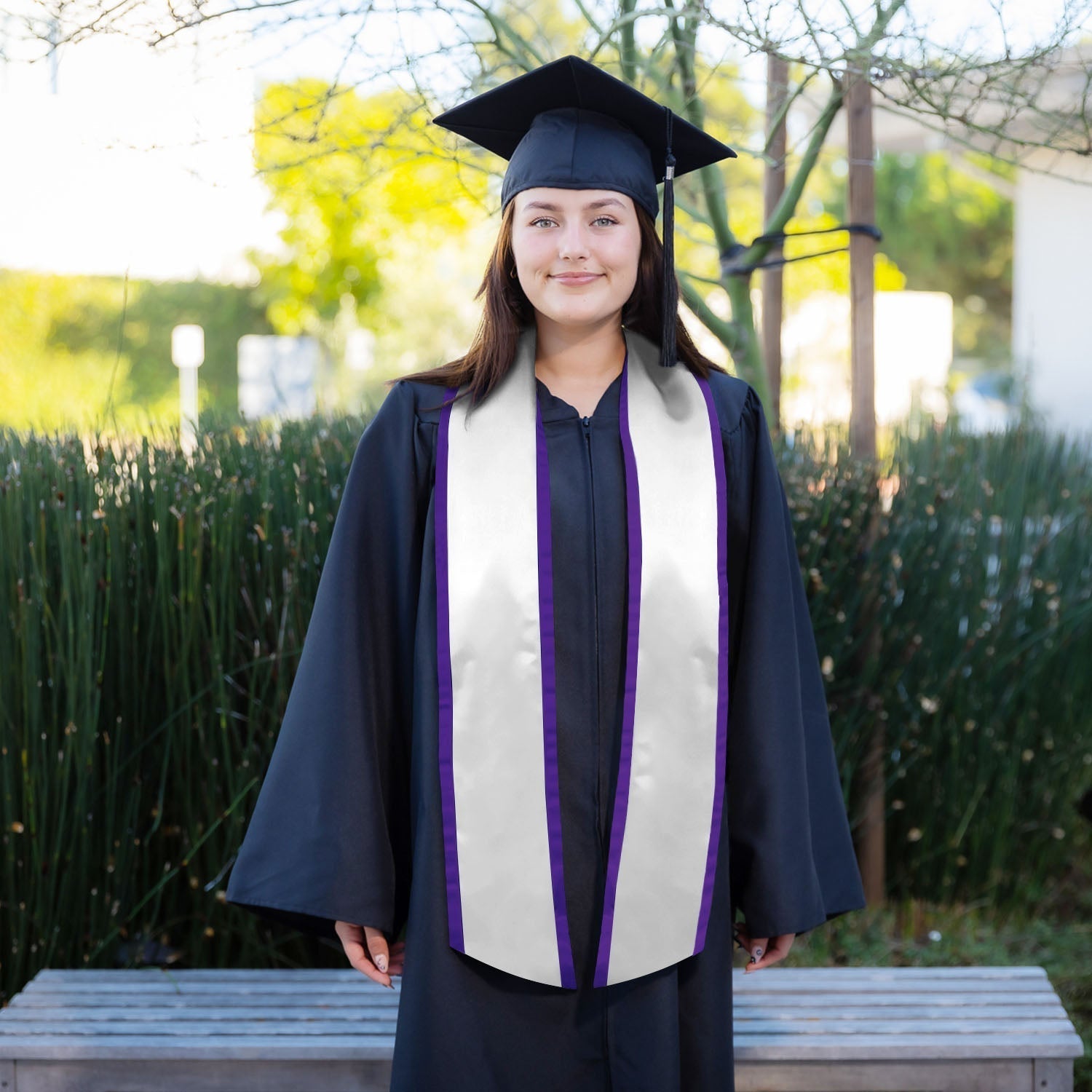 White/Purple Plain Graduation Stole with Trim Color & Angled End by Wholesale Grad Supply