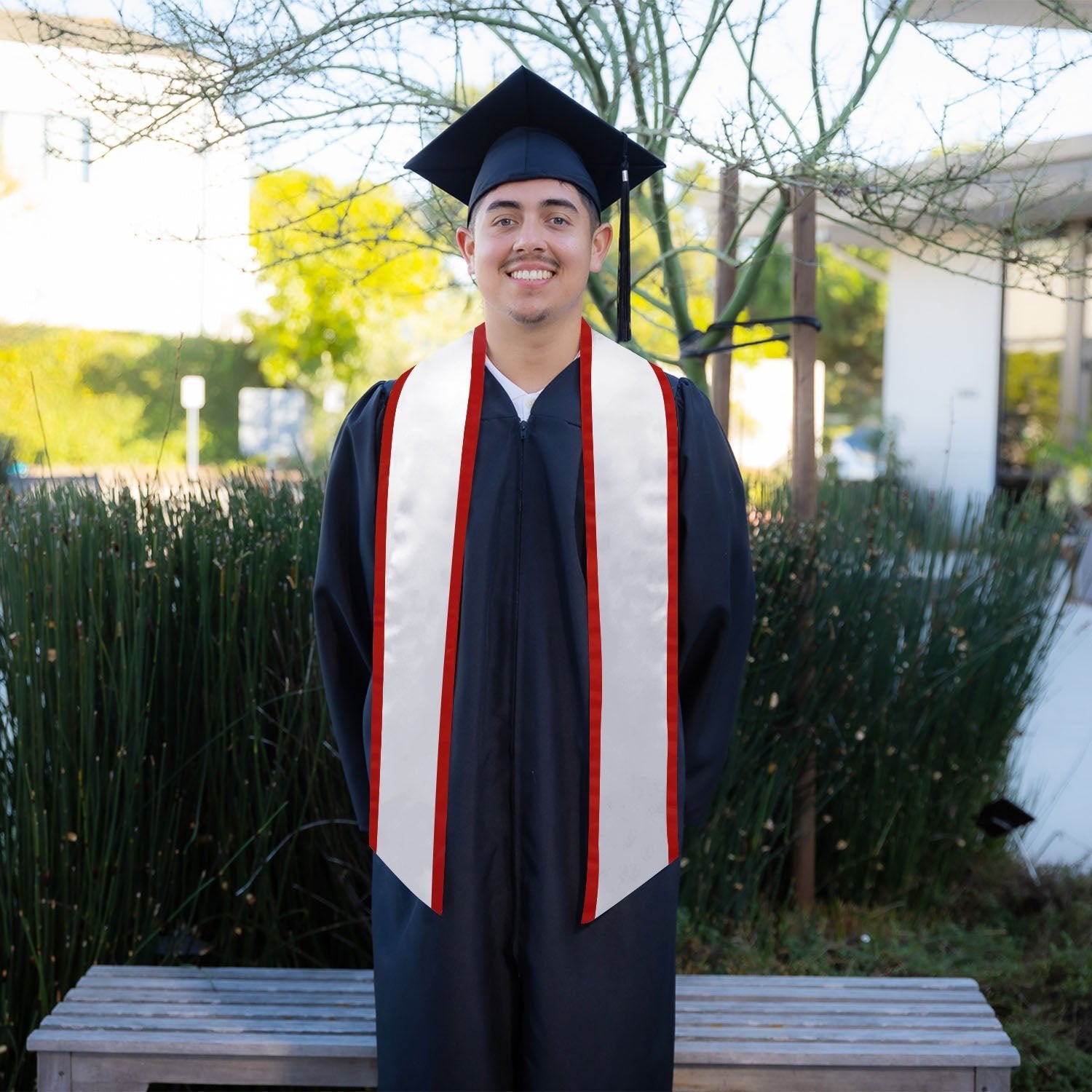 White/Red Plain Graduation Stole with Trim Color & Angled End by Wholesale Grad Supply