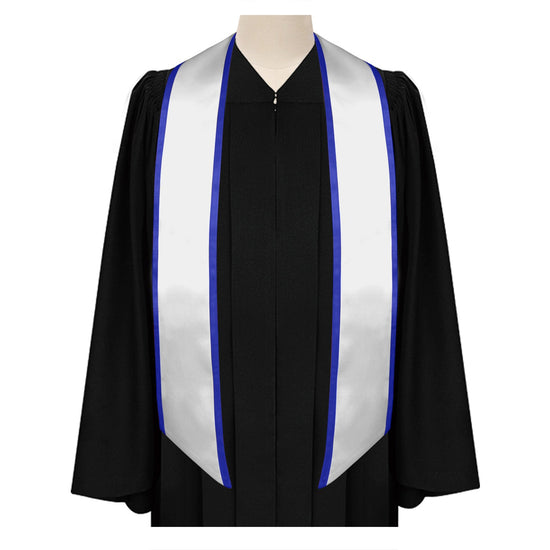 White/Royal Blue Plain Graduation Stole with Trim Color & Angled End by Wholesale Grad Supply