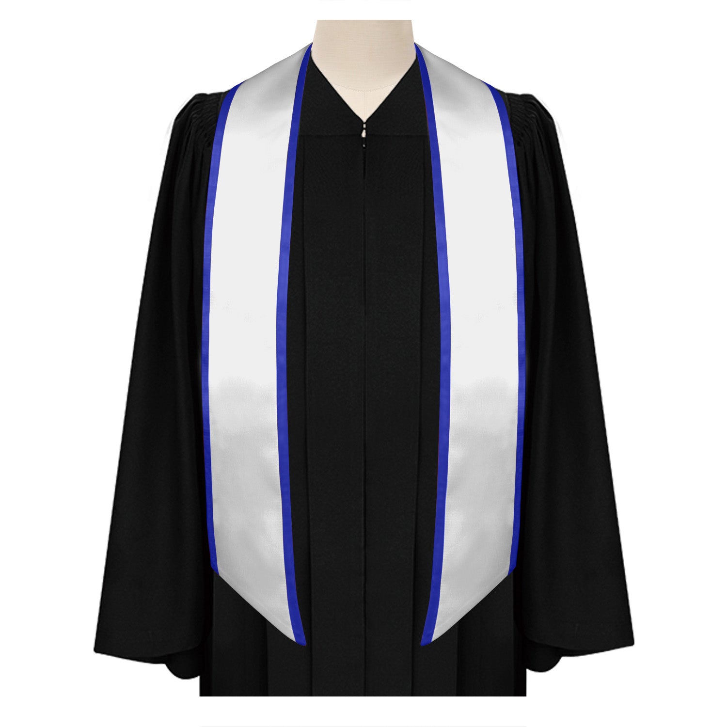 White/Royal Blue Plain Graduation Stole with Trim Color & Angled End by Wholesale Grad Supply