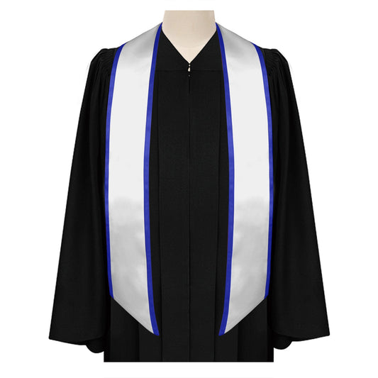 White/Royal Blue Plain Graduation Stole with Trim Color & Angled End by Wholesale Grad Supply
