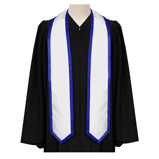 White/Royal Blue Plain Graduation Stole with Trim Color & Classic End by Wholesale Grad Supply