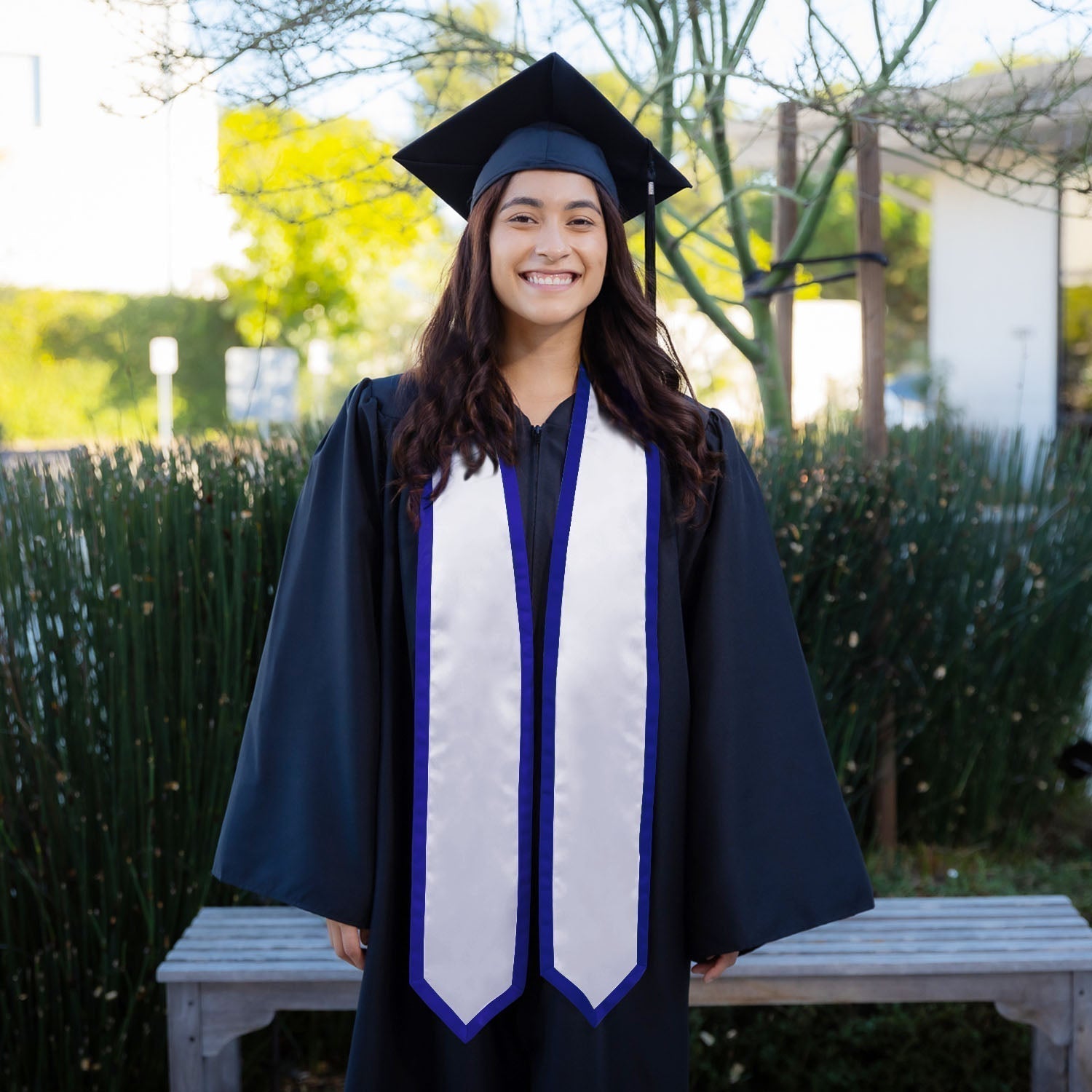 White/Royal Blue Plain Graduation Stole with Trim Color & Classic End by Wholesale Grad Supply